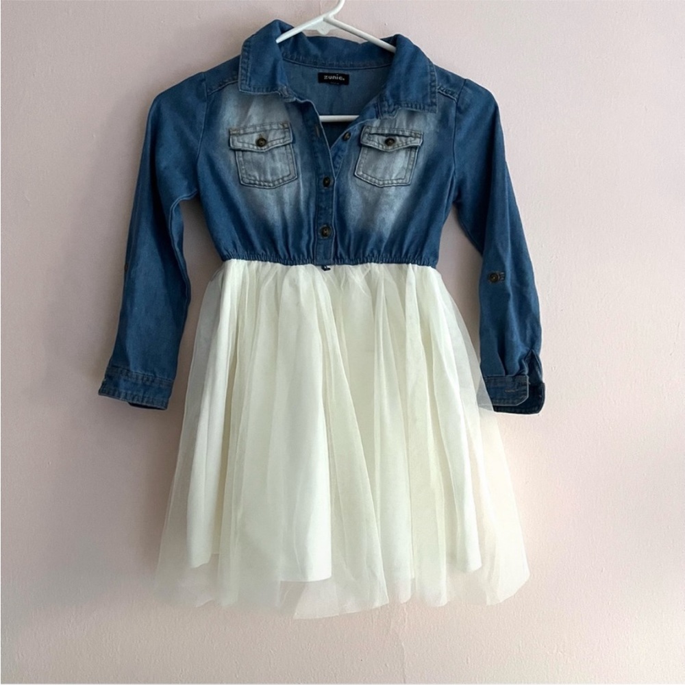 Zunie Girls Dress with Denim shirt + white flowy skirt size 6x